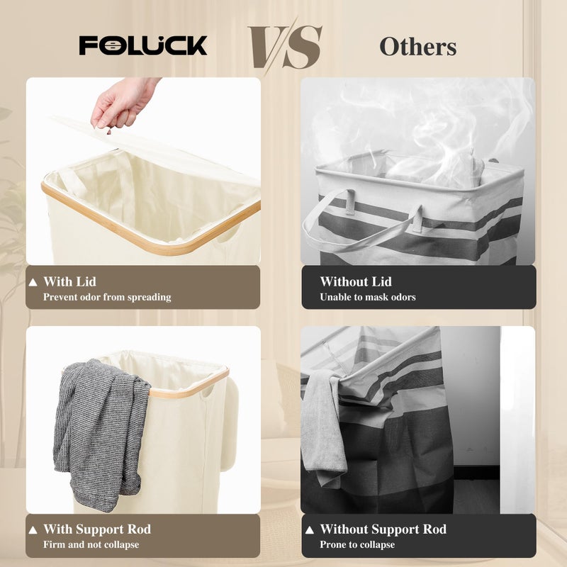 Foluck Large Laundry Hamper, 100L Waterproof Laundry Basket with Lid and Removable Bag, Collapsible Tall Clothes Hamper with Bamboo Handles for Clothes Toys in Dorm Bedroom Bathroom, Beige - Image 4