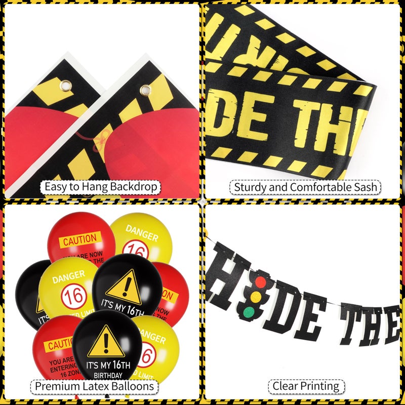 THAWAY 16th Birthday Decorations for Boys - â€œHide The Car Keysâ€ Happy 16th Birthday Caution Party Kit 52pcs with Backdrop, Banner, Sign Balloons & Photo Props for Teen Driver - Image 3