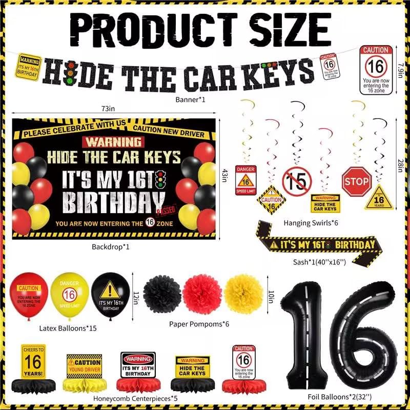 THAWAY 16th Birthday Decorations for Boys - â€œHide The Car Keysâ€ Happy 16th Birthday Caution Party Kit 52pcs with Backdrop, Banner, Sign Balloons & Photo Props for Teen Driver - Image 2