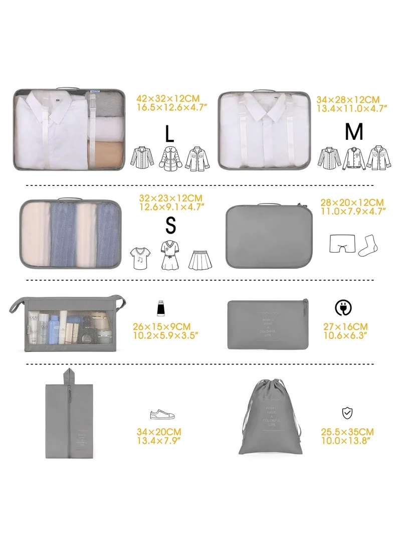 كويزيرا منظم السفر، 8 قطع مكعبات تعبئة لتنظيم الأمتعة، مجموعة تنظيم حقائب التخزين، مقاومة للماء، موفرة للمساحة، منظم أساسيات السفر، رمادي