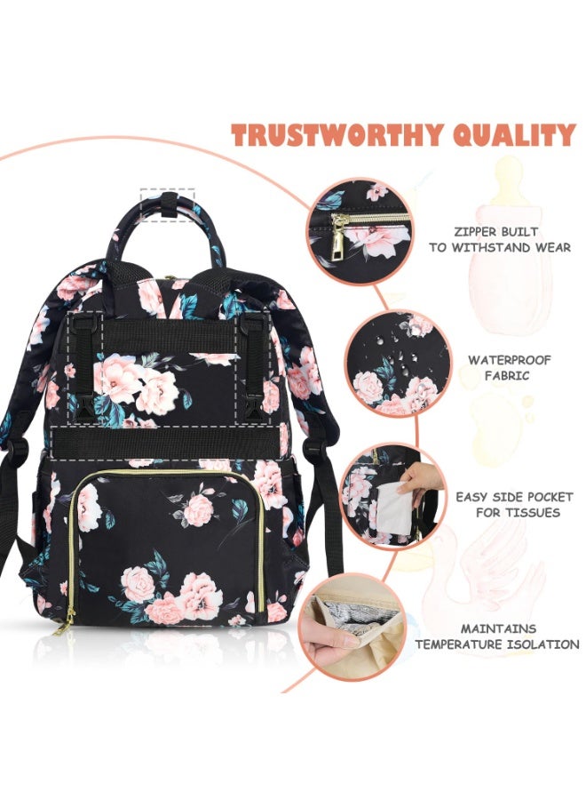 Tenot Baby Diaper Bag Backpack, Travel Diaper Bags for Girl Boy Large Capacity Baby Bag Backpack for Women Black Floral - Image 5