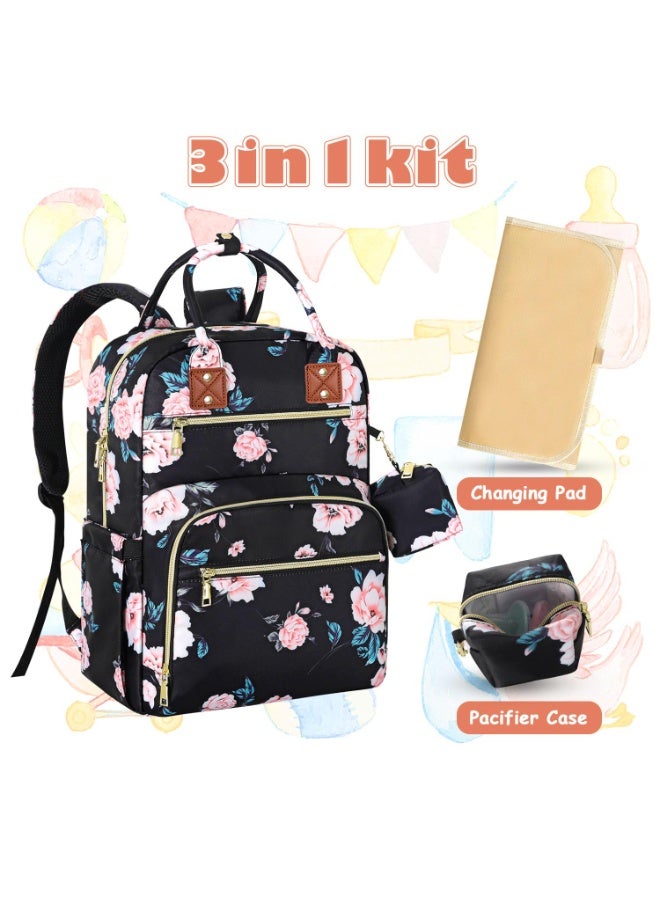 Tenot Baby Diaper Bag Backpack, Travel Diaper Bags for Girl Boy Large Capacity Baby Bag Backpack for Women Black Floral - Image 4