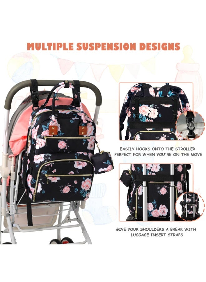 Tenot Baby Diaper Bag Backpack, Travel Diaper Bags for Girl Boy Large Capacity Baby Bag Backpack for Women Black Floral - Image 2