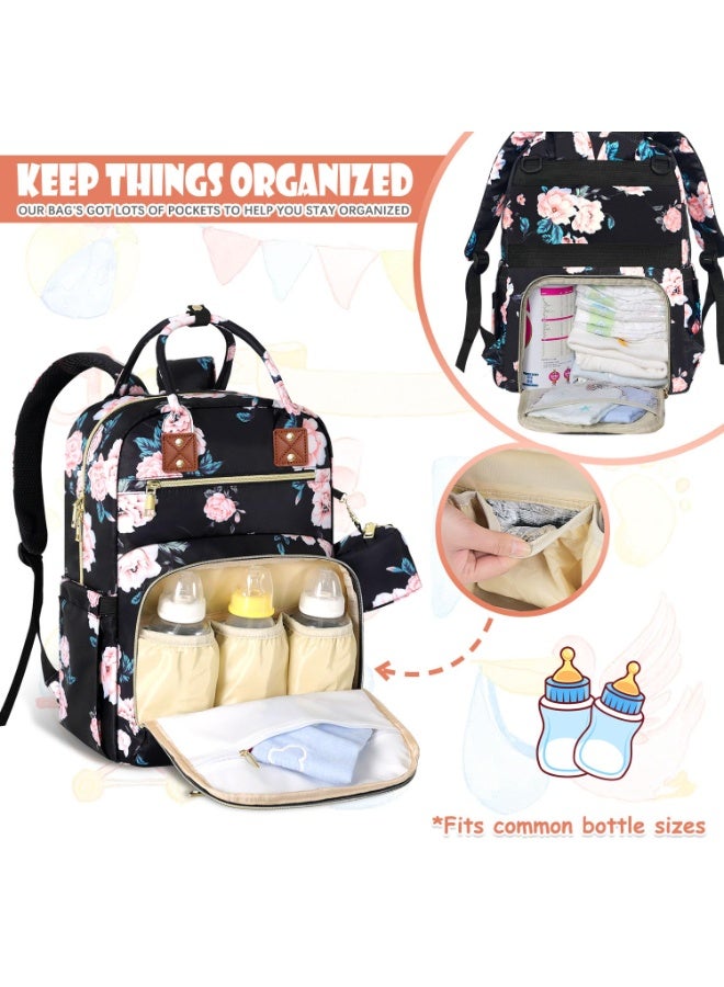 Tenot Baby Diaper Bag Backpack, Travel Diaper Bags for Girl Boy Large Capacity Baby Bag Backpack for Women Black Floral - Image 3
