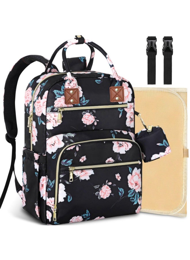 Tenot Baby Diaper Bag Backpack, Travel Diaper Bags for Girl Boy Large Capacity Baby Bag Backpack for Women Black Floral - Image 1