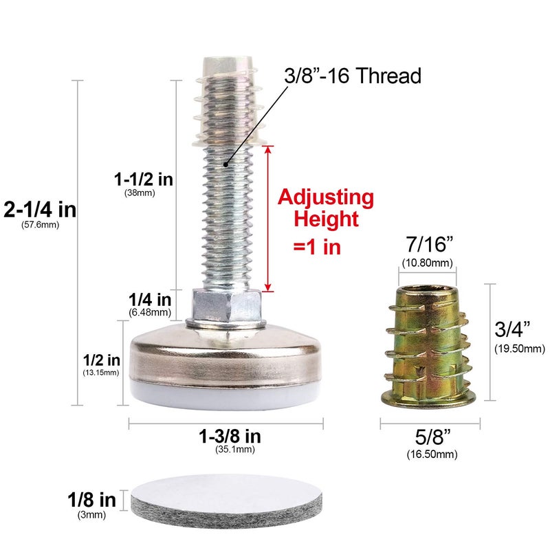 Anwenk Heavy Duty Furniture Levelers Adjustable Furniture Legs Levelers, Leveling Feet for Tables Chairs Cabinets Sofa Raiser, Support 1320LBs, T- Nut Kit 3/8â€-16 Thread, Large Base,w/ 4 Felt Pads (8 Pack) - Image 2