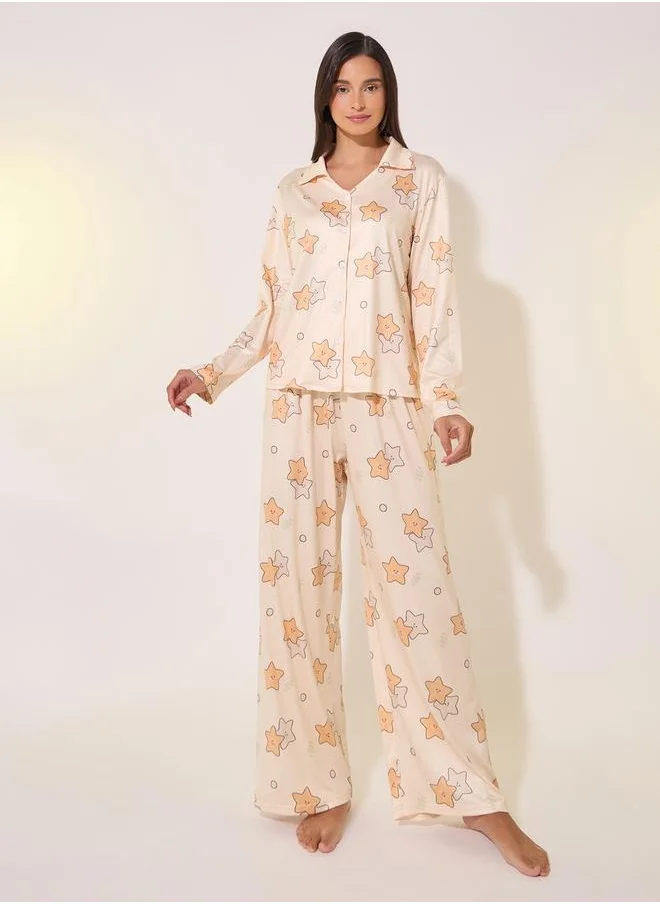 Take Two Starts Printed Shirt and Pants Long Pajama Sets by Styli