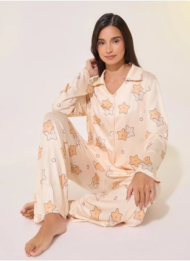 Take Two Starts Printed Shirt and Pants Long Pajama Sets by Styli
