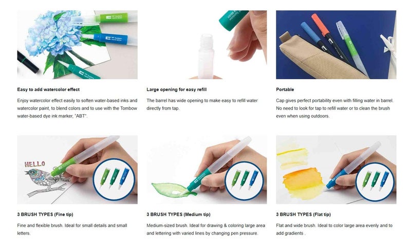 Tombow water brush fine tip, refillable watercolour brush for watercolour techniques, adjustable water flow, easy to clean [WB-FN-1P] - Image 5