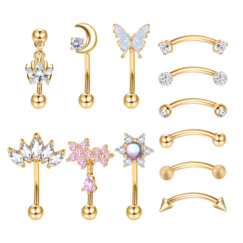 Drperfect 12 PCS Rook Piercing Jewelry Rook Earrings for Women Men Eyebrow Rings 16G Stainless Steel Curved Barbell Dangle CZ Belly Lip Ring Cartilage Daith Surface Tragus Piercing Jewelry - Image 1
