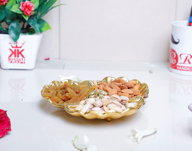 KridayKraft Gold Metal Decorative Tray Bowl – Stylish Dry Fruit Serving Dish for Tabletop, Living Room – Multipurpose Seep Tray for Snacks, Sweets (18 x 17 x 3 cm) - Image 1