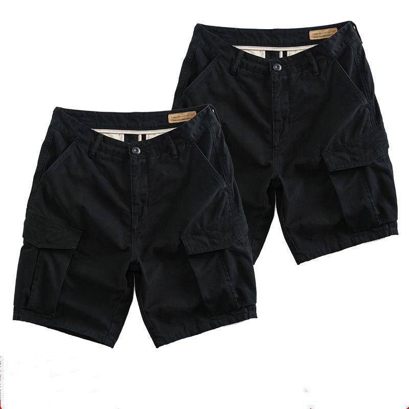 Yu Wenle Same Style Work Shorts Mens Fashion Brand Loose Washed 5-point Pants Mens Large Size Casual Pants Summer. Black + Black 2 Pack