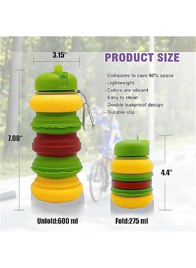 HOOKOR 20oz Foldable Silicone Water Bottle, Hamburger Design, Reusable for Sports Gym Travel Camping Hiking, Lightweight Essential for Traveling  - Image 3