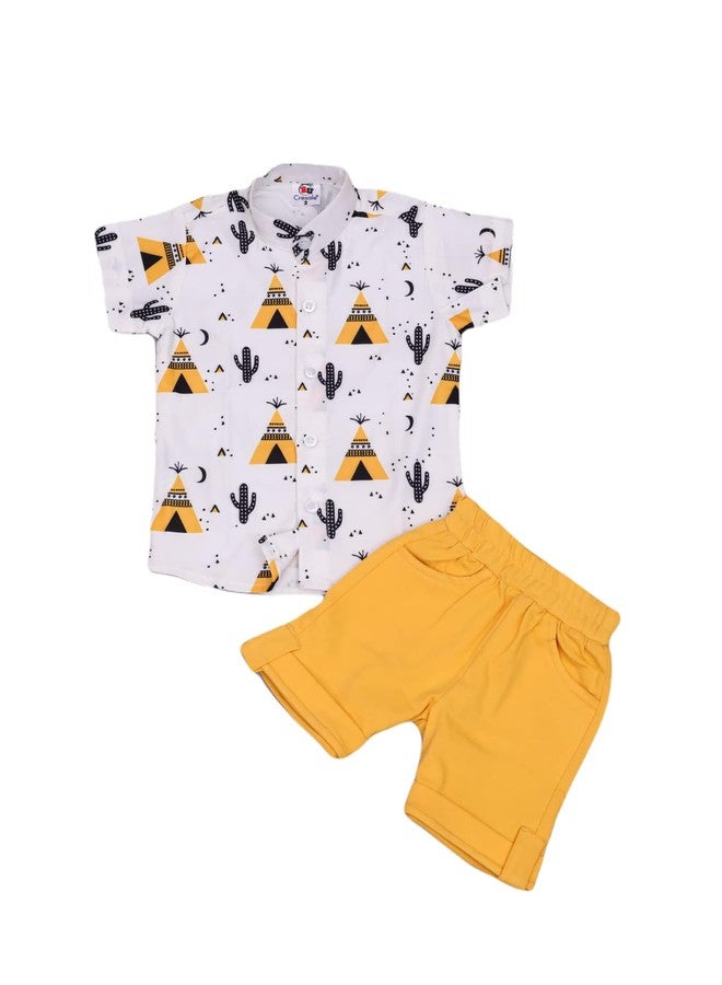 dimension By Vikita Enterprise Kids Boy's Printed Cotton Blend,Hosiery Short Sleeve Regular Wear Shirt & Shorts Set (V_E_1015 White&Yellow 1-2 Year) - Image 1