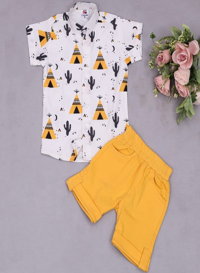 dimension By Vikita Enterprise Kids Boy's Printed Cotton Blend,Hosiery Short Sleeve Regular Wear Shirt & Shorts Set (V_E_1015 White&Yellow 1-2 Year) - Image 2