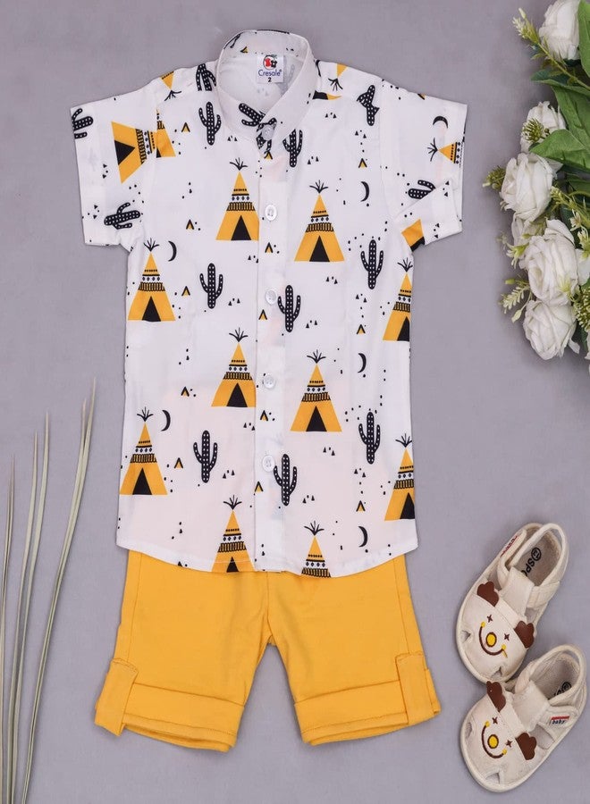 dimension By Vikita Enterprise Kids Boy's Printed Cotton Blend,Hosiery Short Sleeve Regular Wear Shirt & Shorts Set (V_E_1015 White&Yellow 1-2 Year) - Image 4