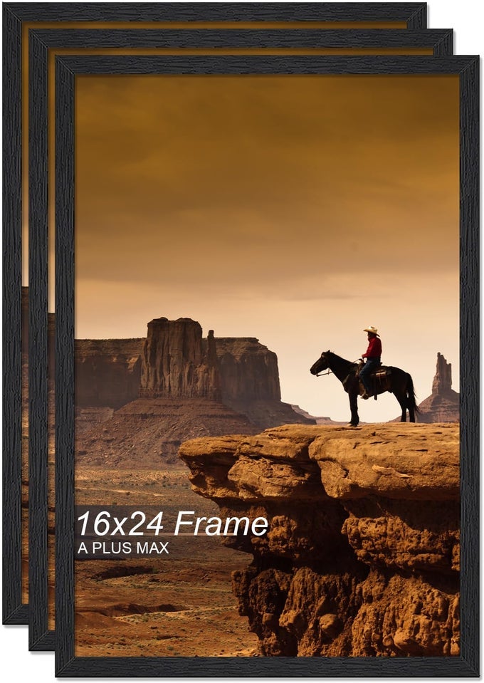 16x24 Picture Frame Set of 3 Black Engineered Wood Frame for 16 x 24 Inch Picture Poster Photo Light Weight 16 by 24 Frame with Woodgrain for Wall 3 PackBlack16 x24