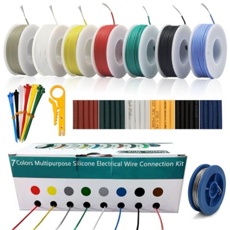 22AWG 7 ألوان سلك كهربائي من السيليكون كابل مرن سلك نحاسي متعدد الخيوط ذو قلب واحد مقاوم لدرجات الحرارة العالية والمنخفضة للاستخدام بنفسك، والمصابيح، والأجهزة المنزلية، والبطاريات، إلخ. 7 × 23 قدم - Image 1