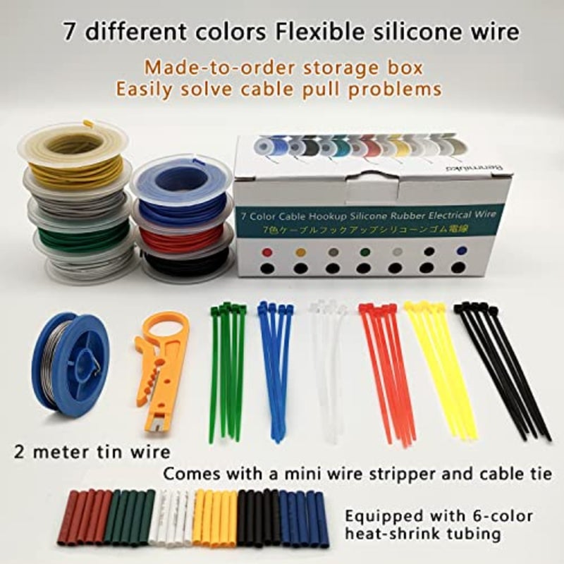 22AWG 7 ألوان سلك كهربائي من السيليكون كابل مرن سلك نحاسي متعدد الخيوط ذو قلب واحد مقاوم لدرجات الحرارة العالية والمنخفضة للاستخدام بنفسك، والمصابيح، والأجهزة المنزلية، والبطاريات، إلخ. 7 × 23 قدم - Image 2