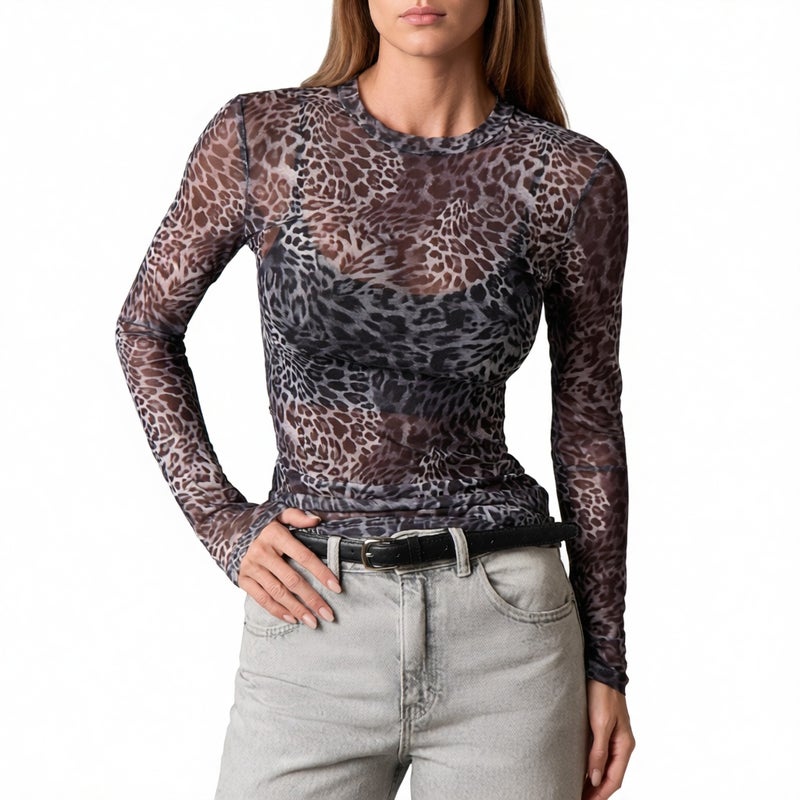 Fitted Leopard Print Mesh Round Neck T-Shirt