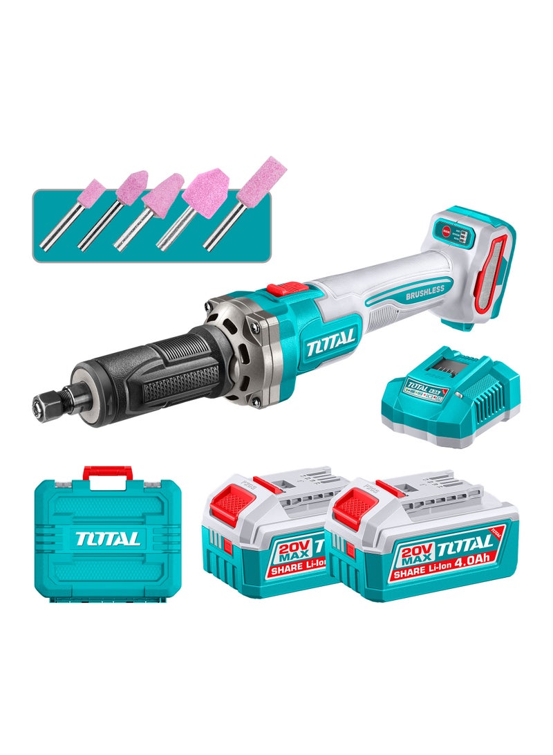 TOTAL 20V Brushless Cordless Die Grinder - 30,000 RPM High-Speed Power Tool with 3-Speed Control, 6mm (1/4") Collet, 2x 4.0Ah Batteries, Charger & 5 Mounted Points - TDGLI20012 - Image 1