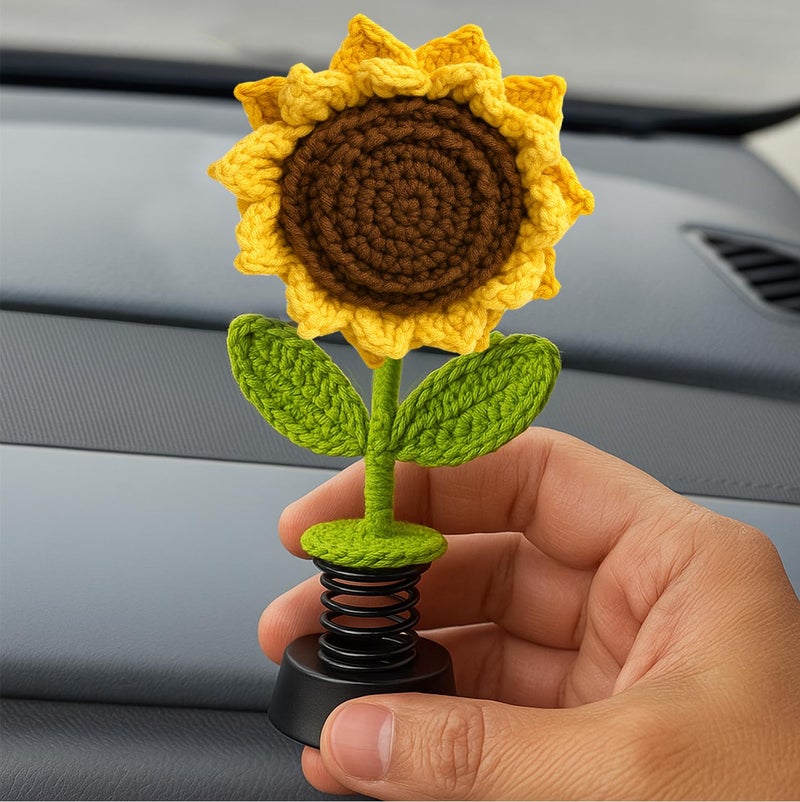 SYCAMORE EAST Handmade Crochet Sunflower Double pattels Car Dashboard Decorations Gifts for Women, Cute Sun Flower Car Dashboard Decor, Smiley Face Mini Sunflower Spring Desk Decorations 1 PCS - Image 2