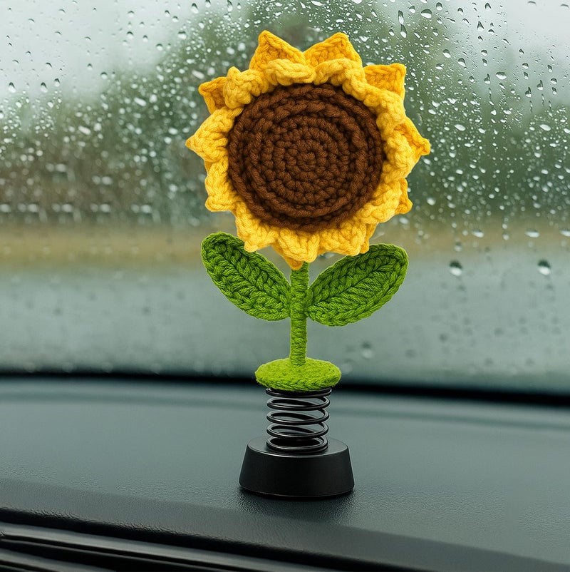 SYCAMORE EAST Handmade Crochet Sunflower Double pattels Car Dashboard Decorations Gifts for Women, Cute Sun Flower Car Dashboard Decor, Smiley Face Mini Sunflower Spring Desk Decorations 1 PCS - Image 1