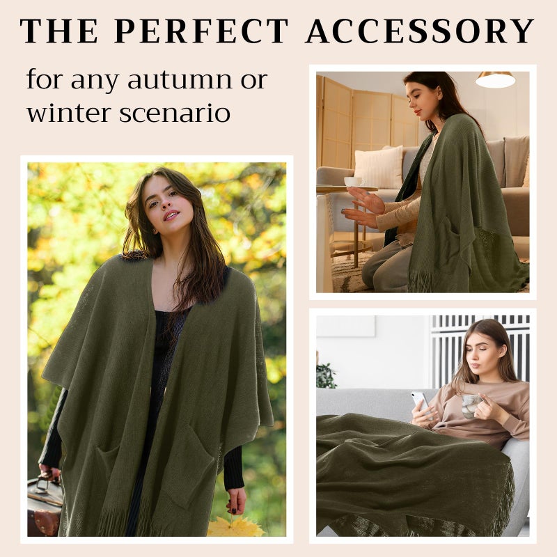 Cutecrop Knitted Poncho for Women, Shawl Wraps with Pockets, Open Front Fringe Winter Shawl with Tassel, Gift for New Year(Dark Green) - Image 5
