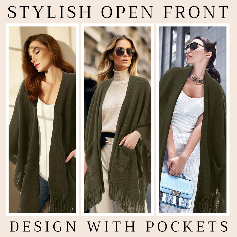 Cutecrop Knitted Poncho for Women, Shawl Wraps with Pockets, Open Front Fringe Winter Shawl with Tassel, Gift for New Year(Dark Green) - Image 2