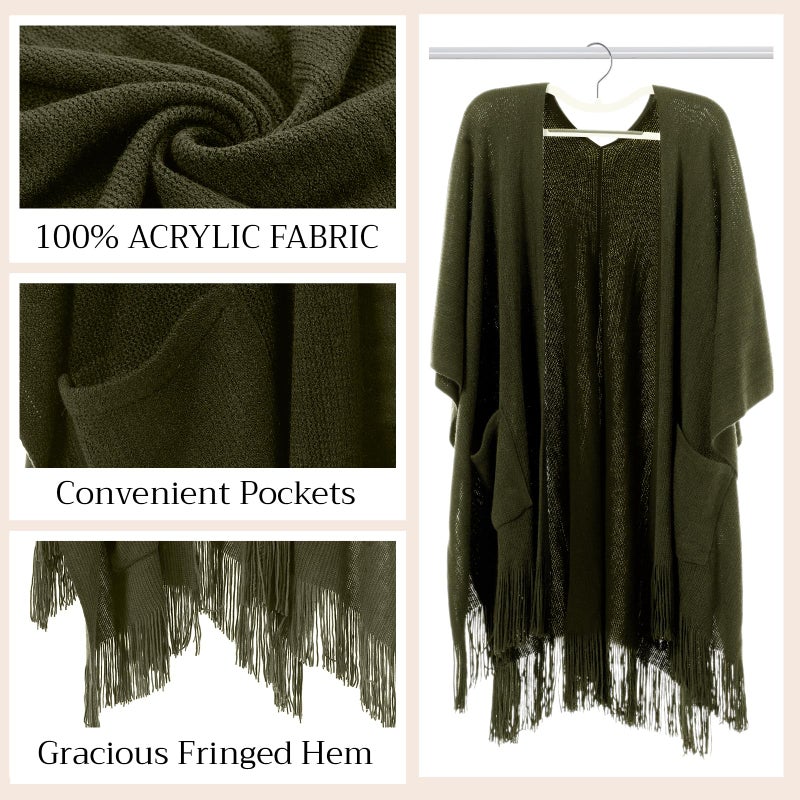 Cutecrop Knitted Poncho for Women, Shawl Wraps with Pockets, Open Front Fringe Winter Shawl with Tassel, Gift for New Year(Dark Green) - Image 4