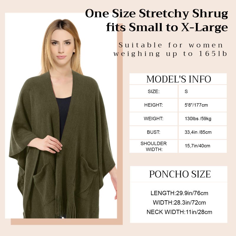 Cutecrop Knitted Poncho for Women, Shawl Wraps with Pockets, Open Front Fringe Winter Shawl with Tassel, Gift for New Year(Dark Green) - Image 3