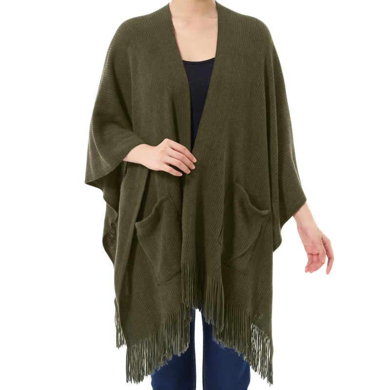 Cutecrop Knitted Poncho for Women, Shawl Wraps with Pockets, Open Front Fringe Winter Shawl with Tassel, Gift for New Year(Dark Green) - Image 1