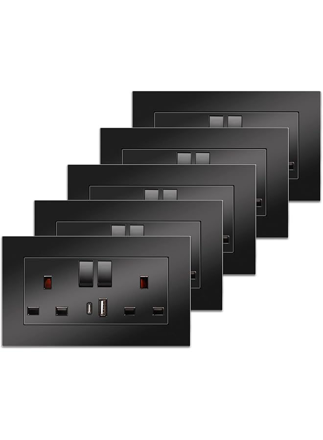promass 5 Pack Double Switched Power Socket with Dual USB Charging Ports (Type A and C), Black 13 Amp Electric Wall Socket - Image 1