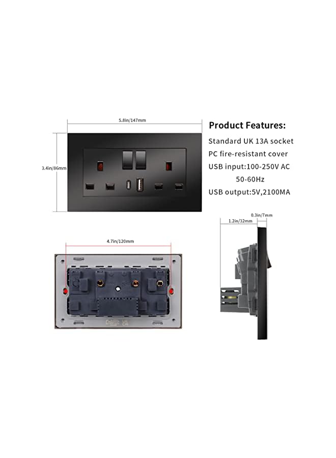 promass 5 Pack Double Switched Power Socket with Dual USB Charging Ports (Type A and C), Black 13 Amp Electric Wall Socket - Image 2