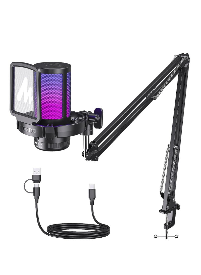 ماونو ميكروفون Maonocaster DGM20S Gamerwave مكثف USB للألعاب RGB ميكروفون USB للألعاب مع ذراع بوم لبث البودكاست على YouTube باللون الأسود  - Image 1