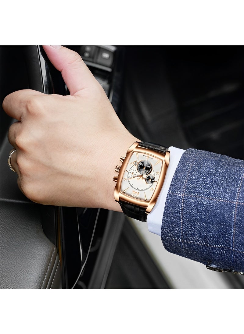REOCLE - Men's Quartz Watches with Rectangular Shape Dial & Calendar Date & Timing function & Leather Strap Business Waterproof Dress Wrist Watch for Men - Image 1