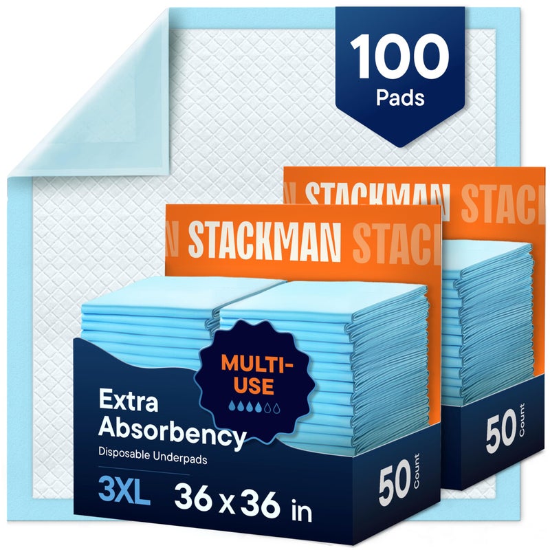 Stack Man Chucks Pads Disposable Adult Underpads [100-Pack] 36"x36" XXXL Super-Absorbent Incontinence Bed Pads â€“ Large Leak-Proof Mattress Protector Pee Pads for Adults, Seniors, Kids & Pets - Image 1