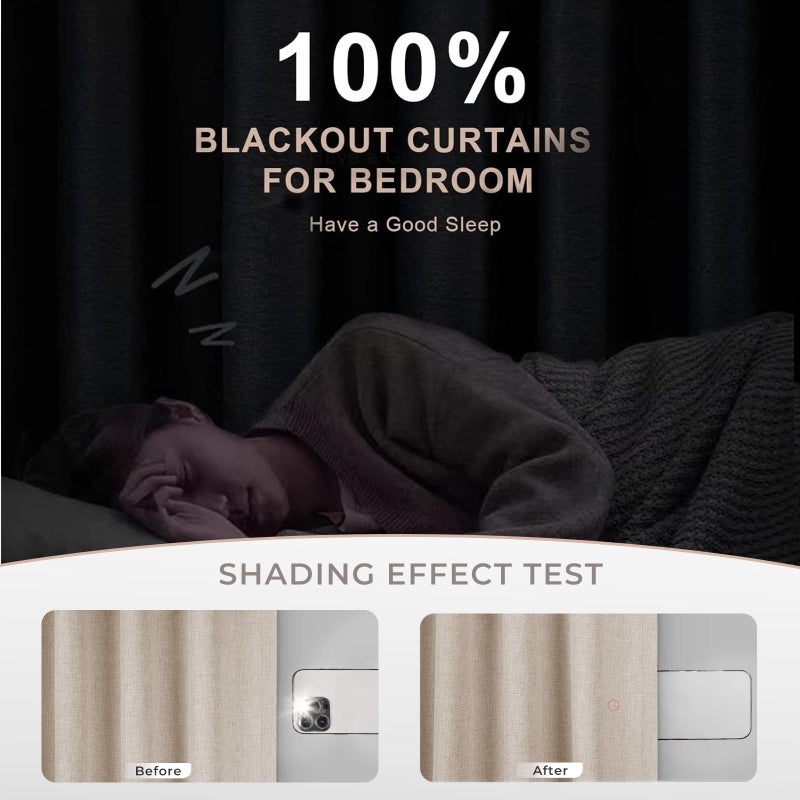 INOVADAY 100% Blackout Curtains for Bedroom  Thermal Insulated Linen Blackout Curtains 108 Inch Length 2 Panels Set  Back Tab/Rod Pocket Room Darkening Curtains for Bedroom Nursery-Oatmeal W50 X L108 - Image 3
