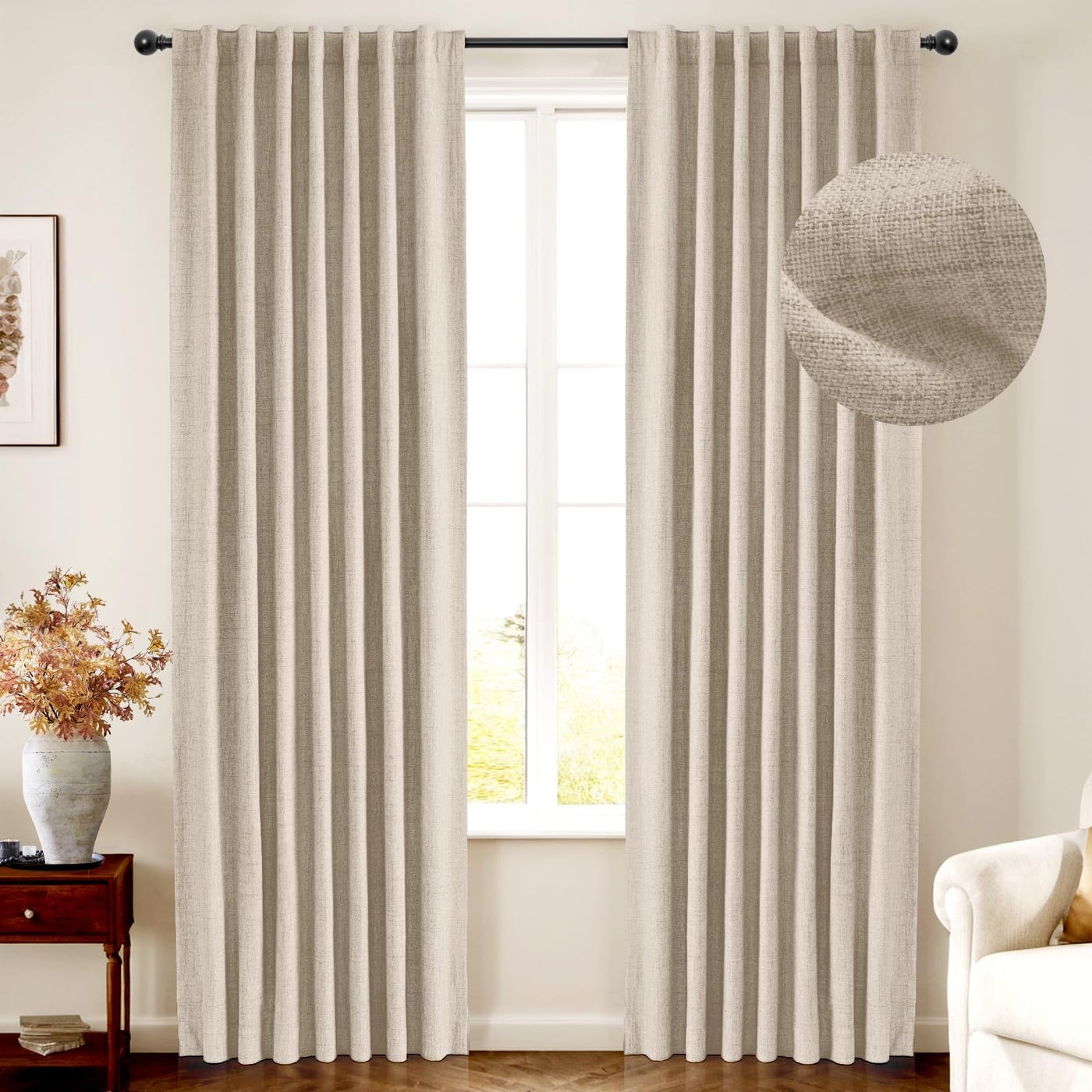 INOVADAY 100% Blackout Curtains for Bedroom Thermal Insulated Linen Blackout Curtains 108 Inch Length 2 Panels Set Back Tab/Rod Pocket Room Darkening Curtains for Bedroom Nursery-Oatmeal W50 X L108
