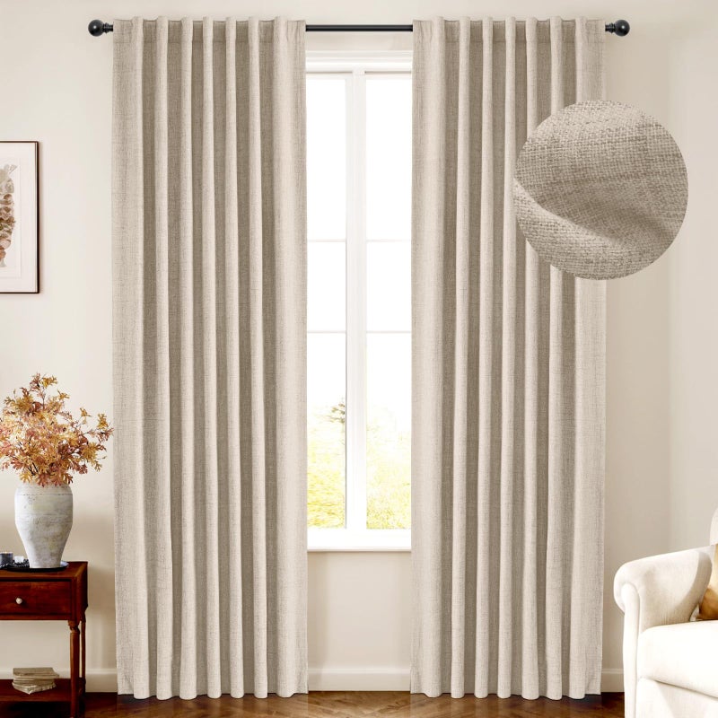INOVADAY 100% Blackout Curtains for Bedroom  Thermal Insulated Linen Blackout Curtains 108 Inch Length 2 Panels Set  Back Tab/Rod Pocket Room Darkening Curtains for Bedroom Nursery-Oatmeal W50 X L108 - Image 1