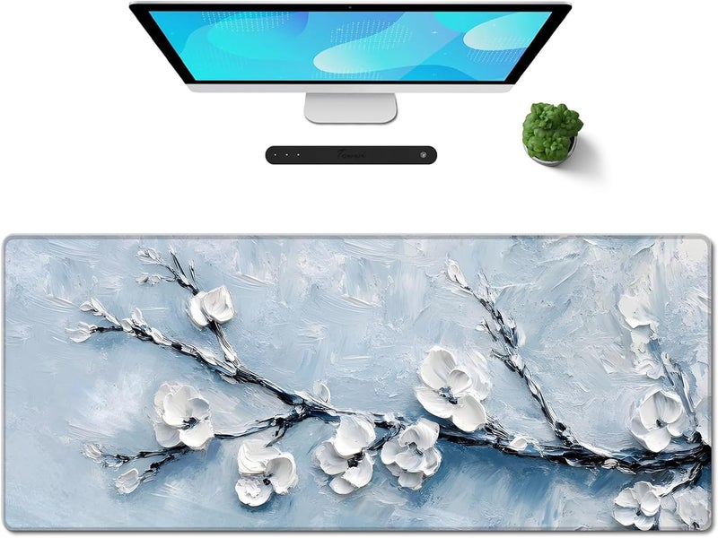 Galdas Gaming Mouse Pad XXL XL Large Long Extended Big Mousepad Non-Slip Rubber Keyboard Mouse Pad with Stitched Edges for Laptop Home Office (31.5x11.8x0.08 Inch) -Snow Floral - Image 1