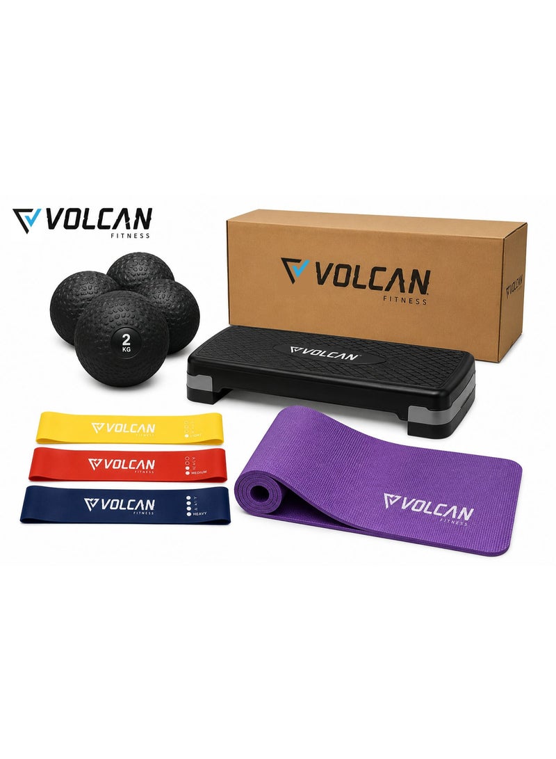 Volcan Fitness Home Workout Combo Set – 2kg Slam Ball, Adjustable Aerobic Step, 3-Piece Loop Resistance Band Set & 6mm EVA Yoga Mat - Image 1