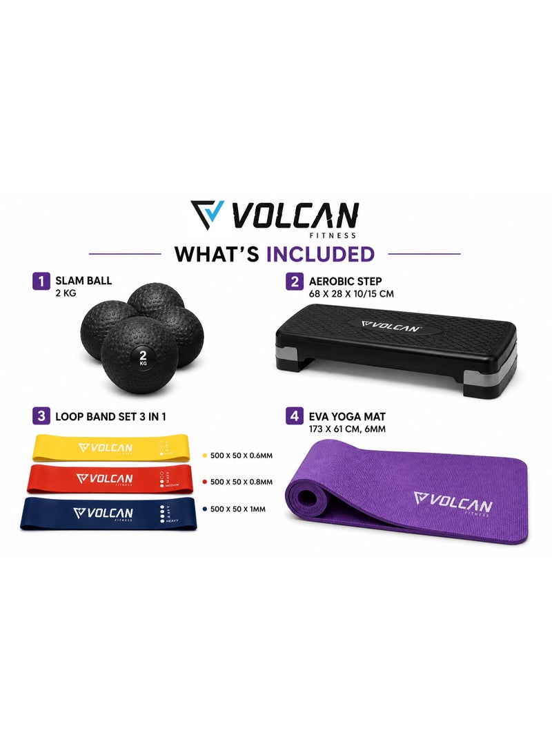 Volcan Fitness Home Workout Combo Set – 2kg Slam Ball, Adjustable Aerobic Step, 3-Piece Loop Resistance Band Set & 6mm EVA Yoga Mat - Image 2