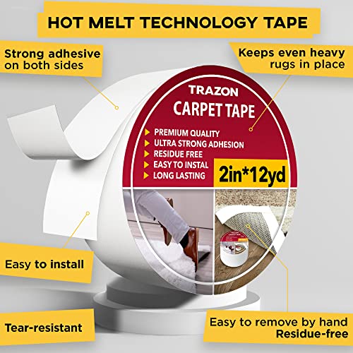 Trazon Carpet Tape Double Sided - Rug Tape Grippers for Hardwood Floors and Area Rugs - Carpet Binding Tape Strong Adhesive and Removable, Heavy Duty Stickers Grip Tape, Residue Free (2 Inch / 12 Yards) - Image 2