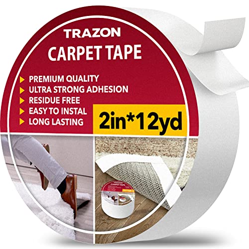 Trazon Carpet Tape Double Sided - Rug Tape Grippers for Hardwood Floors and Area Rugs - Carpet Binding Tape Strong Adhesive and Removable, Heavy Duty Stickers Grip Tape, Residue Free (2 Inch / 12 Yards) - Image 1