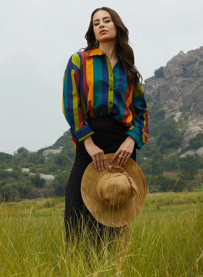 Campus Sutra Campus Sutra Women's Green & Blue Balanced Striped Oversized Shirt For Casual Wear | Spread Collar | Long Sleeve | Button Closure | Oversized Shirt Crafted With Comfort Fit For Everyday Wear