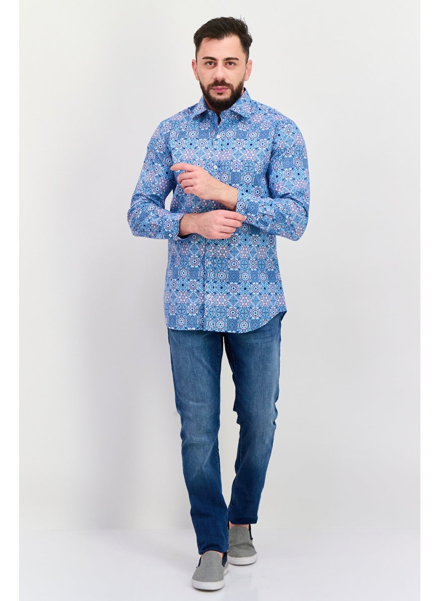 Tailorbyrd - Men Regular Fit Long Sleeve All Over Casual Shirt, Blue - Image 1