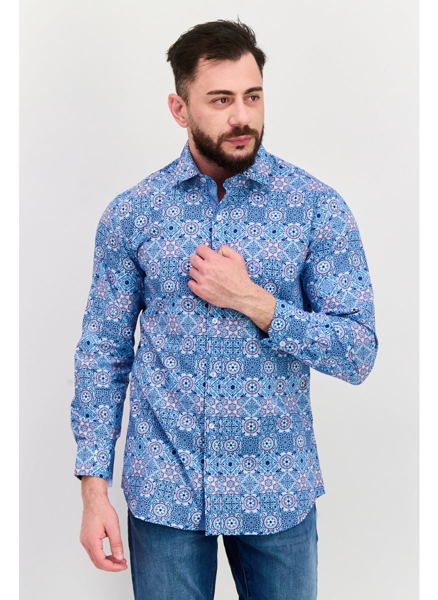 Tailorbyrd - Men Regular Fit Long Sleeve All Over Casual Shirt, Blue - Image 1