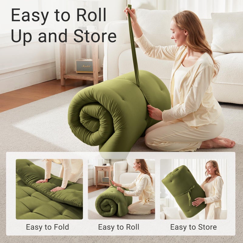 Mollydot Japanese Floor Futon Mattress Queen Size 60"x 80", Foldable Floor Bed Mattress, Portable Tatami Mat Sleeping Pad, Folding Futon Cushion, Roll Up Floor Lounger for Guest Room Dormitory (Green) - Image 4
