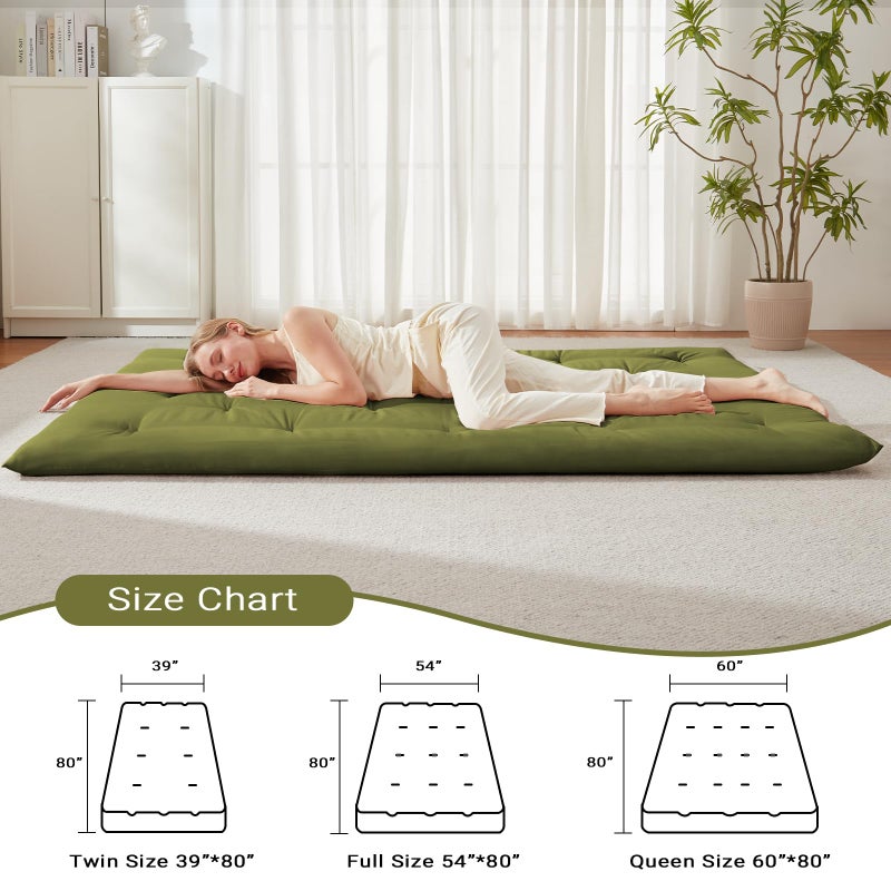 Mollydot Japanese Floor Futon Mattress Queen Size 60"x 80", Foldable Floor Bed Mattress, Portable Tatami Mat Sleeping Pad, Folding Futon Cushion, Roll Up Floor Lounger for Guest Room Dormitory (Green) - Image 5